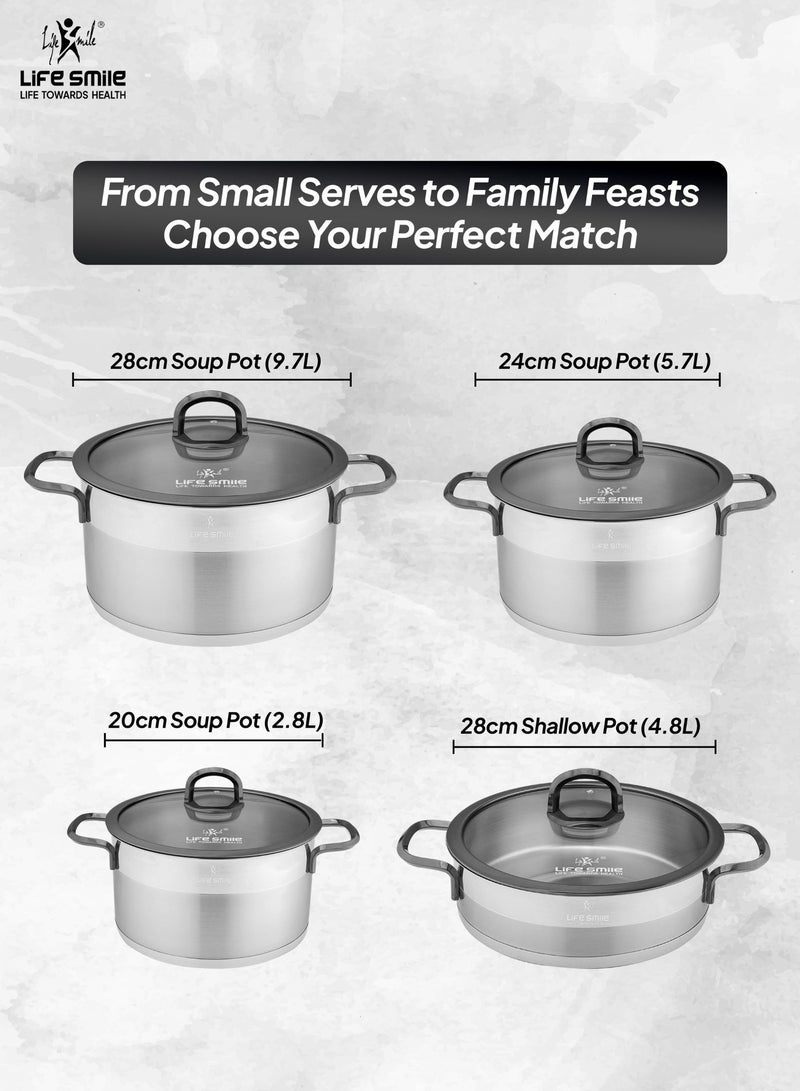 Life Smile 8-Piece Stainless Steel Cookware Set with Lids,20/24/28cm Casseroles,28cm Shallow Pot-Multi-Size Cooking Pots - Image 3